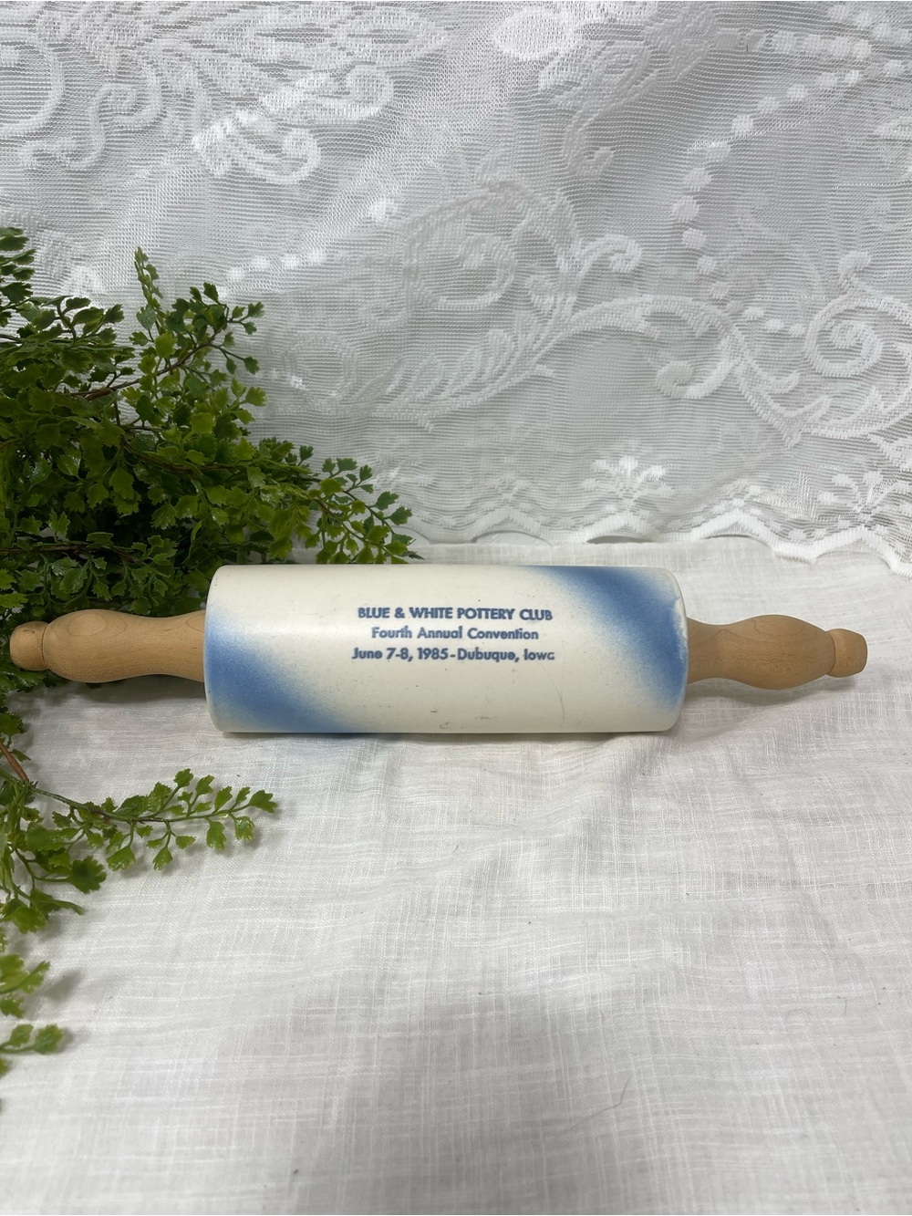 Ceramic Pottery advertising rolling pin Iowa Blue And White Pottery Club 1985